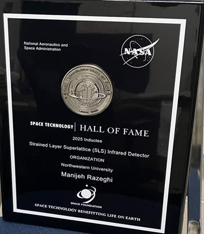 Certificate of Appreciation recognizing Professor Manijeh Razeghi for her remarkable technological achievements, honored by the Space Technology Hall of Fame