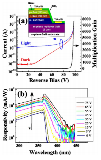 GaN avalanche photodiodes grown on m-plane freestanding GaN substrate
